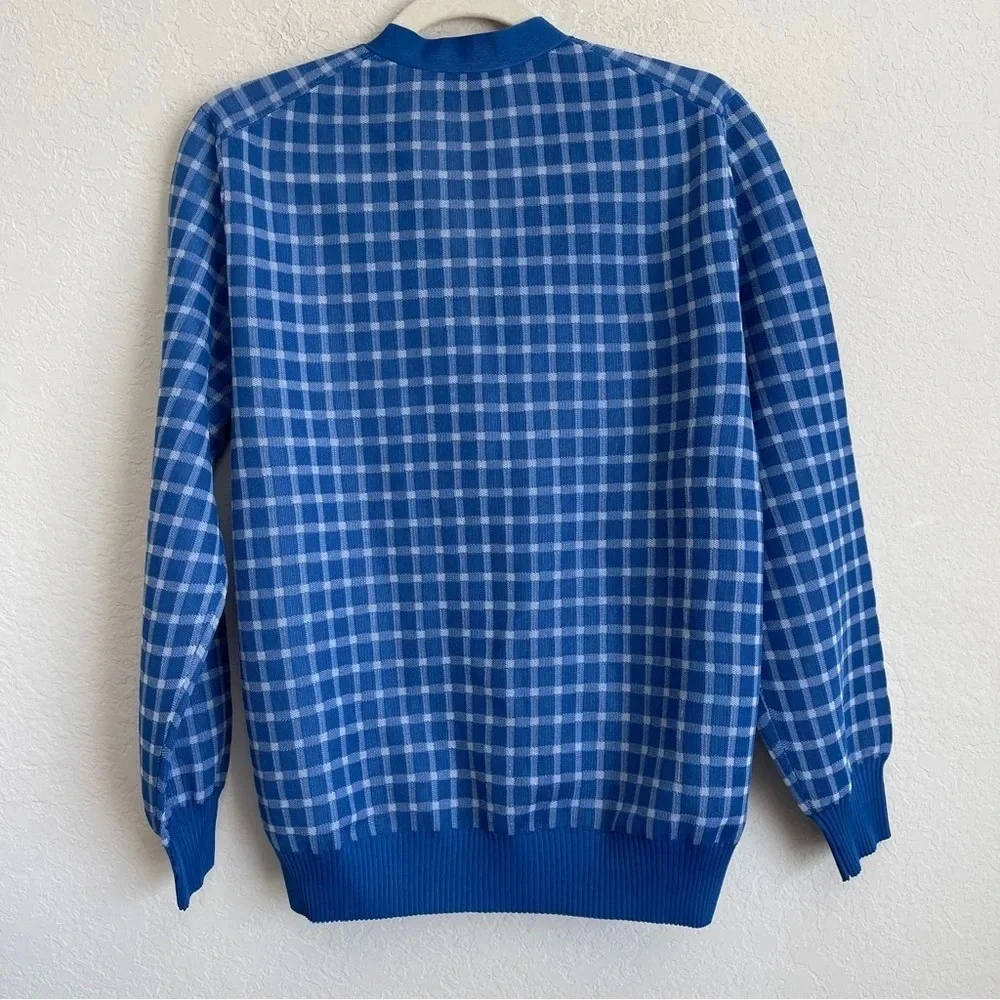 NWT Tory Burch Sheer Plaid Boyfriend Cardigan Blue White long sleeve sweater